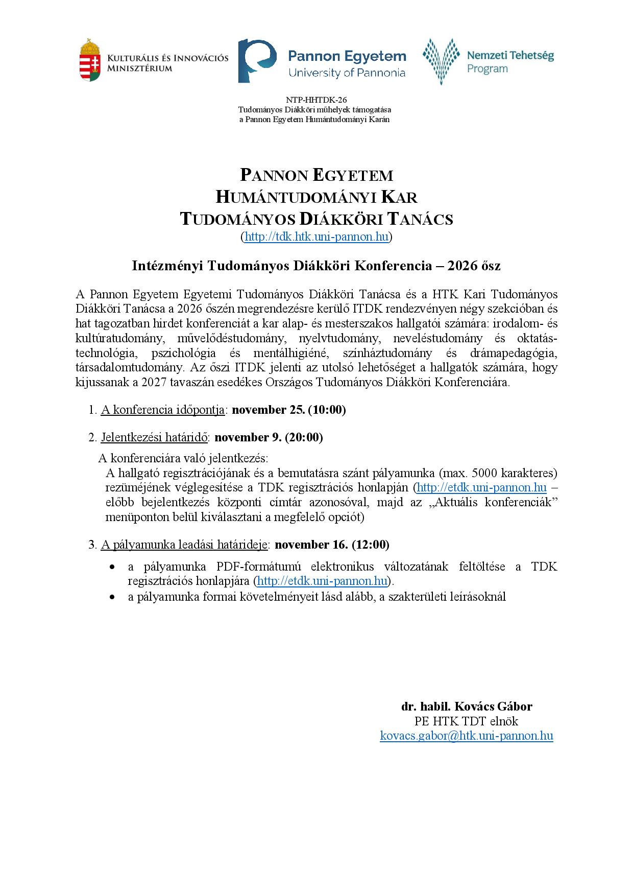 ITDK 2026 ősz HTK felhivas