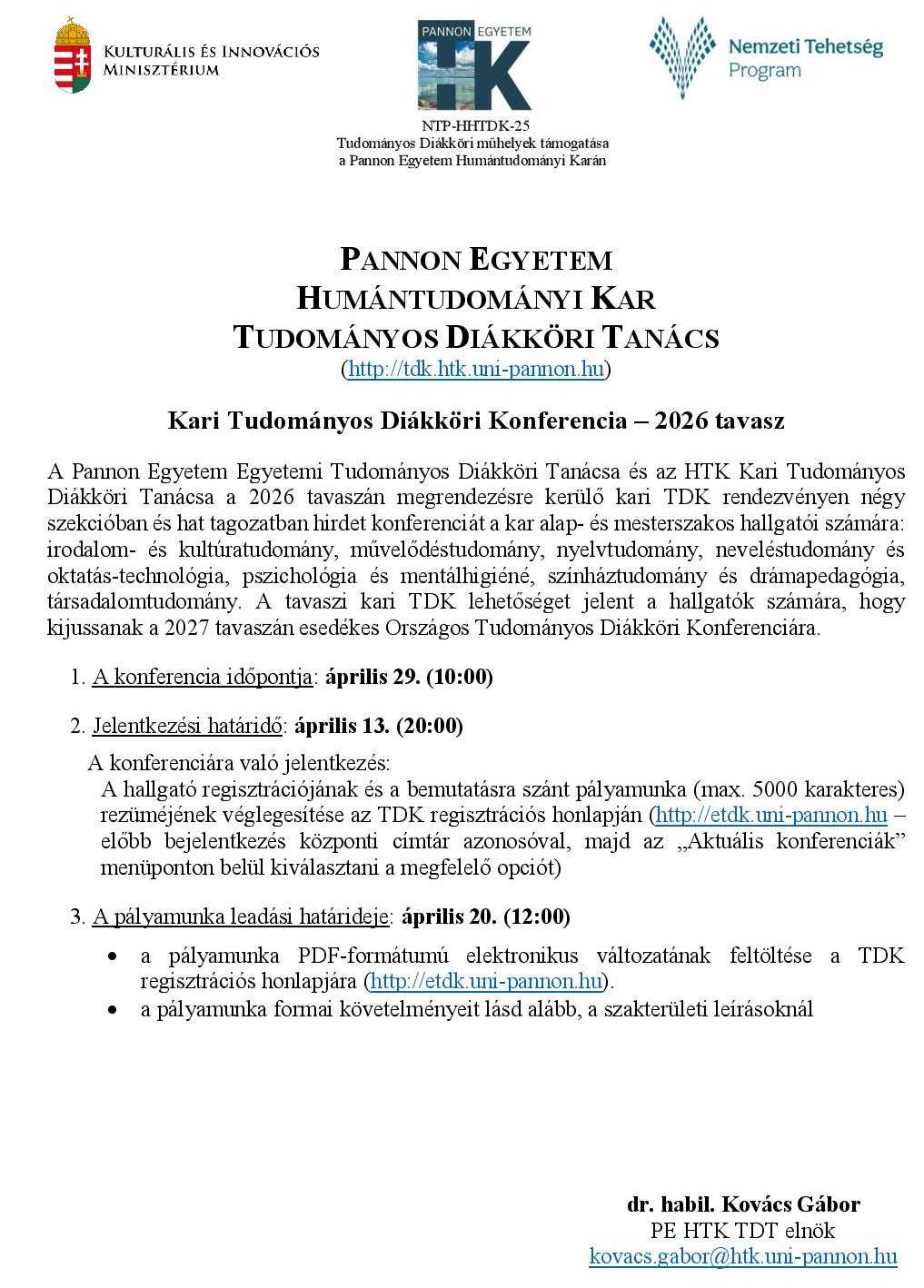 kari TDK 2026 tavasz HTK felhivas